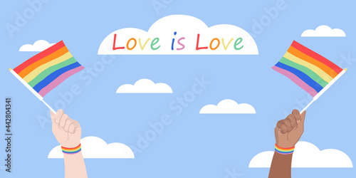 vector illustration of hands holding LGBT flag, same-sex love concept, banner, poster, postcard