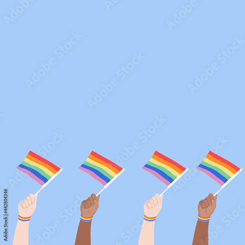 vector illustration of hands holding LGBT flag, same-sex love concept, banner, poster, postcard