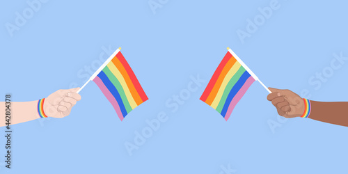  vector illustration of hands holding LGBT flag, same-sex love concept, banner, poster, postcard