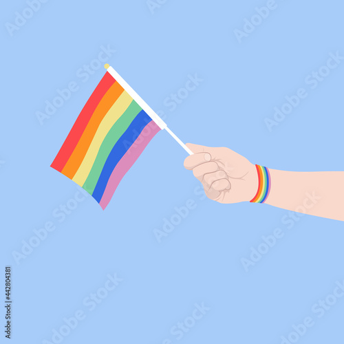 vector illustration hand holding LGBT flag, same-sex love concept