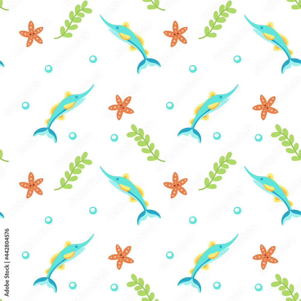 Colored sealife pattern with swordfishes and seaweeds Vector