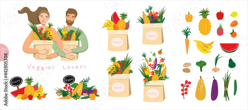 Fototapeta Naklejka Na Ścianę i Meble -  Vegan and vegetarian food set. Happy people with packages of raw vegetables and fresh fruits. The psychology of proper nutrition and eco lifstyle.