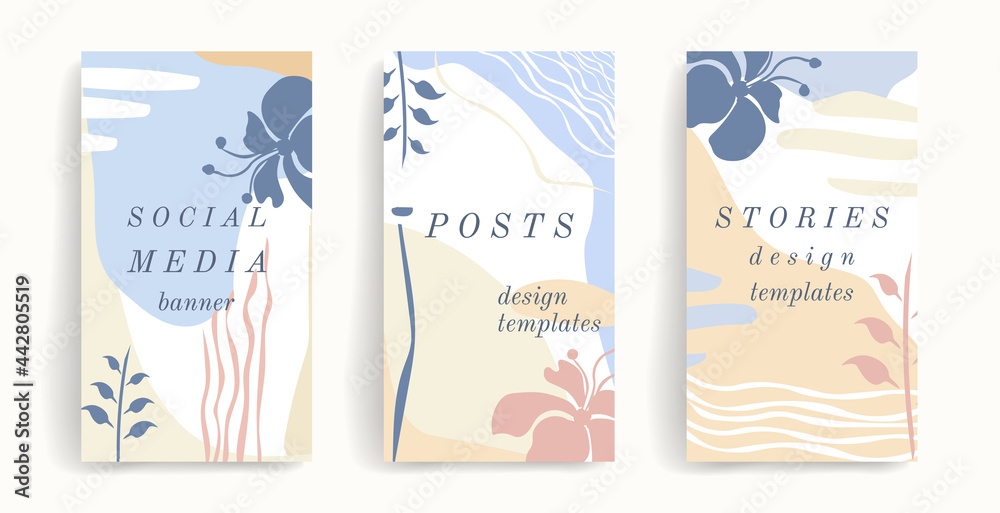 Set of editable vector story templates. Layouts with hand drawn organic shapes, flowers and leafs. Abstract backgrounds. Trendy social media design with copy space for text. pastel color