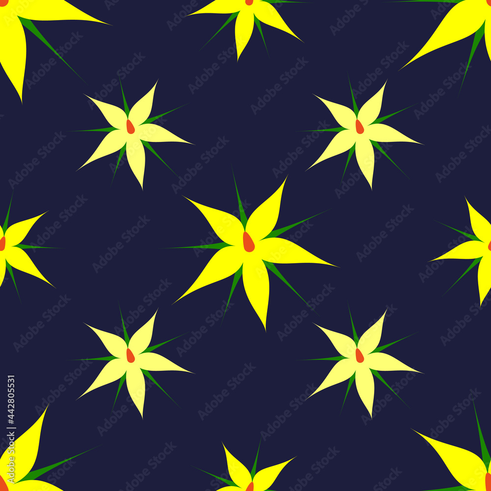 yellow flowers of tomatoes on a dark background. Seamless background. design for printing on textiles, packaging. Vector, illustration yellow flowers of tomatoes on a dark background. Seamless background. design for printing on textiles, packaging. Vector, illustration
