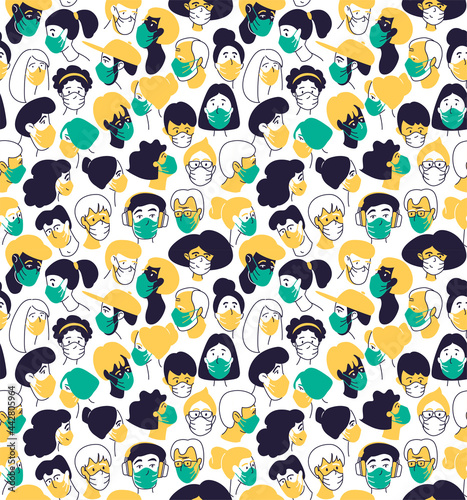 Decorative diverse women men wearing medical mask head seamless pattern background.