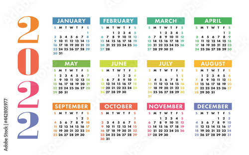 Calendar 2022 year. Vector kid's pocket or wall calender template. Simple design. Week starts on Sunday
