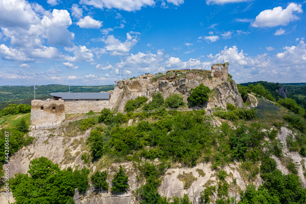 Aerial panoramic view of Fortress in Sirok in the Matra Mountain, Hungary