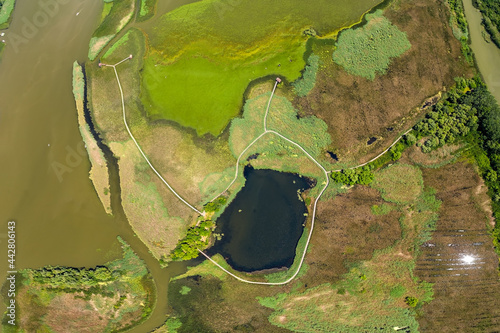 Aerial view of the Lake Tisza boardwalk and nature trail in Poroszlo photo