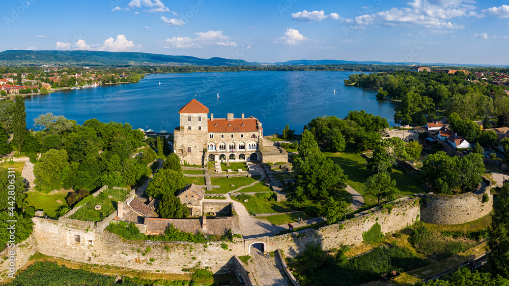 Aerial panoramic view of the Tata Castle, in Hungary with the Öreg Tó (Old Lake) in the background