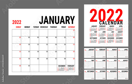 Calendar 2022 year. English planner template. Vector square grid. Office business planning. Ready design