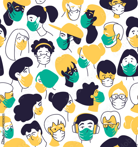 Decorative diverse women men wearing medical mask head seamless pattern background.