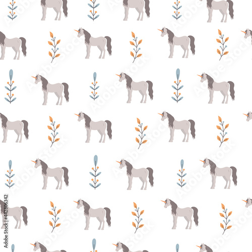 Seamless texture  unicorns on the background of plants . Design for textile  wallpaper.