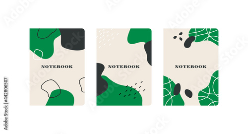 Set of 3 notebook covers with smooth abstract shapes in a modern flat style. Green, beige and black colors
