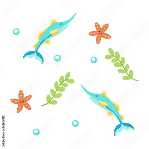 Colored sealife pattern with swordfishes and seastars Vector