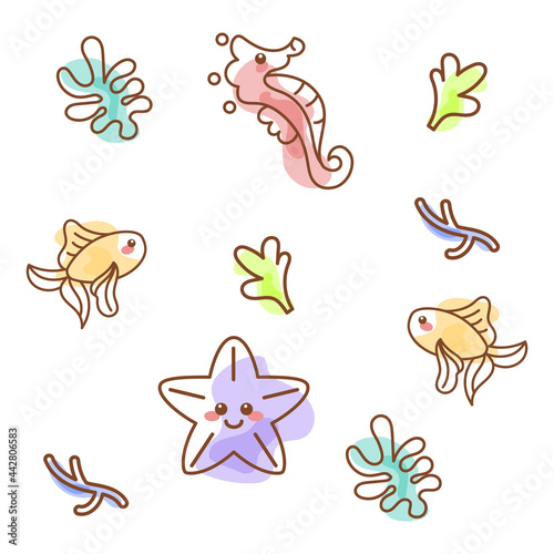 Colored sealife pattern with seahorses and fishes Vector