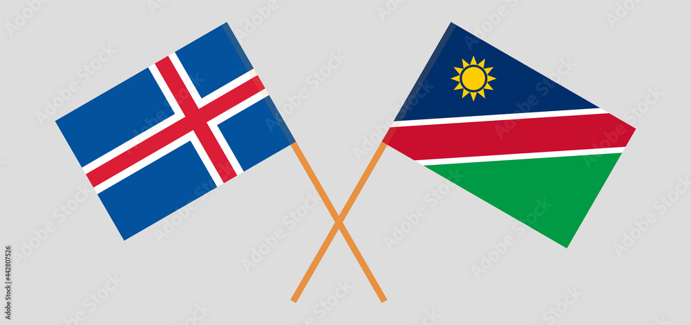 Crossed flags of Iceland and Namibia. Official colors. Correct proportion