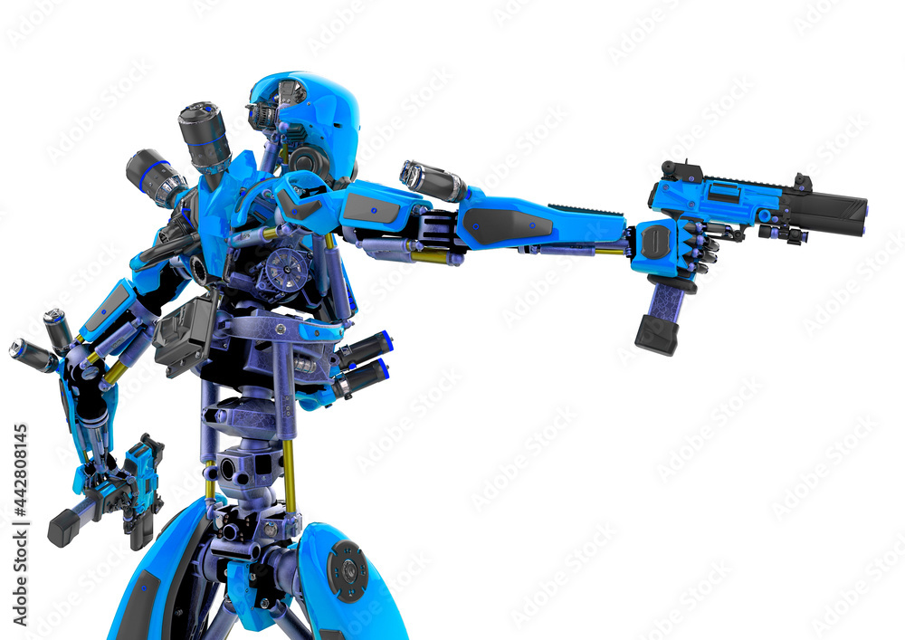 super robot is holding two pistols rear view super robot is holding two pistols rear view