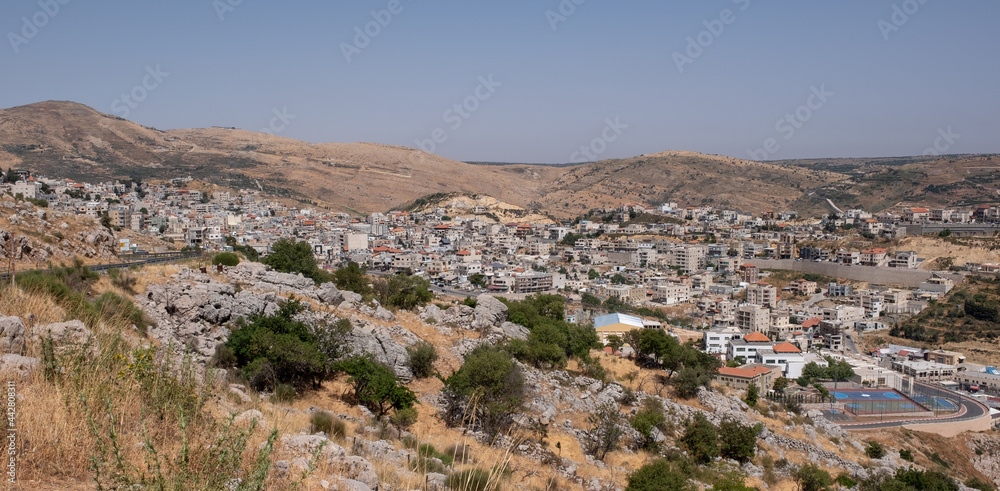 Panoramic view of Majdal Shams, a Druze town in the southern foothills of Mt. Hermon, north of the Golan Heights, Israel.