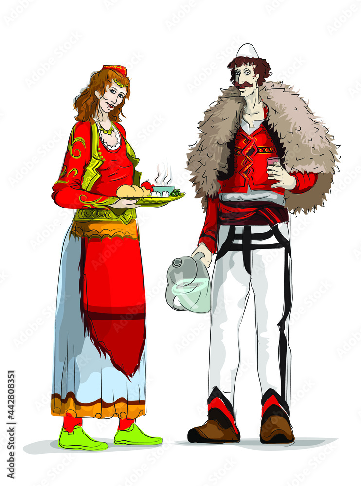 Albanian couple with traditional dress and food, offer welcome