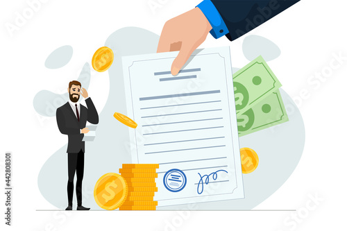 Shocked frustrated businessman hold financial or mortgage bills. Broke, financial problem and debt crisis concept. Depressed jobless business man worried for loan. Hand gives notice pay tax vector photo
