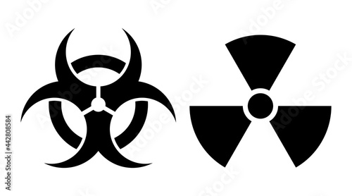 Biohazard and nuclear radiation icons. Toxic danger hazardous symbols. Vector signs illustration.