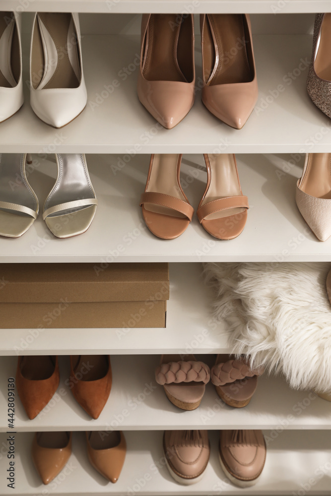 Different stylish women's shoes on shelving unit Different stylish women's shoes on shelving unit