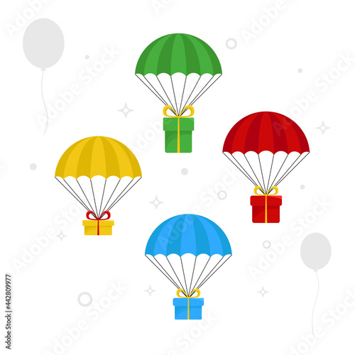 Fototapeta Naklejka Na Ścianę i Meble -  Set of gifts boxes with parachutes of different colours. Concept of delivery service, fast shipping. Vector illustration for greeting card, banner	