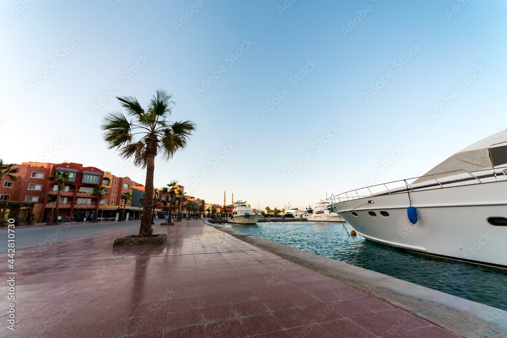 embankment street of the Red Sea in Egypt with ships boats