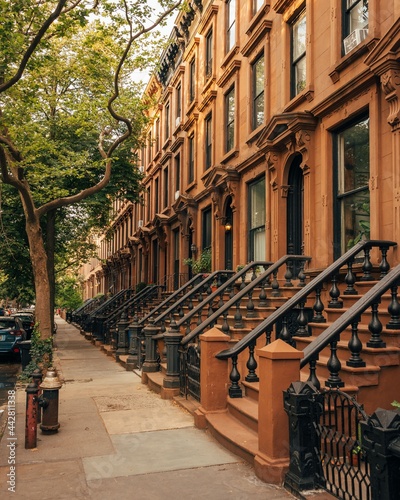 Beautiful tree-lined street with brownstones, Cobble Hill, Brooklyn, New York