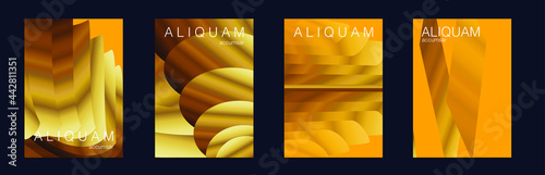 Fluid Minimal Cover. Vintage Design 1990 Paper Gradient Backdrop. Luxury Abstract Brochure. Liquid Texture for Foil Label. Fortuna Gold and Yellow Set of Vector Backgrounds for Business Flyers.