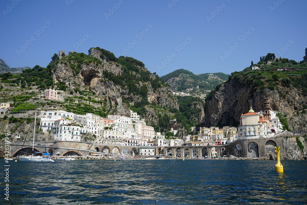 Amalfi view from the coast on a summer sunny day, Amalfitan Coast, Salerno, Campania, Italy
