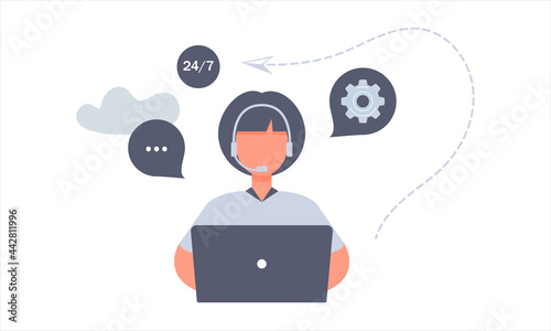 Customer service worker woman with headsets service or consult customers on computers.Hotline operator work 24/7, global online technical support, Call center, call processing system. Vector