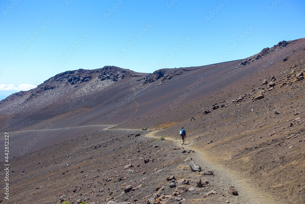 Hiking in the crater / Dormant volcano, Haleakala National Park, Maui island, Hawaii Hiking in the crater / Dormant volcano, Haleakala National Park, Maui island, Hawaii