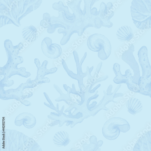 corals shells sea travel summer beach watercolor seamless pattern illustration hand drawn print textiles vintage retro ocean coral reef underwater life isolated elements on white background sketch 