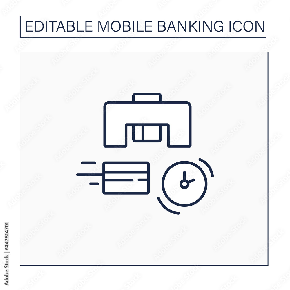 Instant card issuance line icon. Credit or debit card is issued and activated on spot, can be used immediately. Saving time.Mobile banking service concept. Isolated vector illustration Instant card issuance line icon. Credit or debit card is issued and activated on spot, can be used immediately. Saving time.Mobile banking service concept. Isolated vector illustration