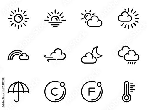 Set of black vector icons, isolated against white background. Flat illustration on a theme weather conditions and designations. Line, outline, stroke, pictogram