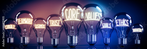 Core values concept - shining light bulbs - 3D illustration