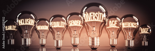 Diversity, inclusion, equality concept - shining light bulbs - 3D illustration photo