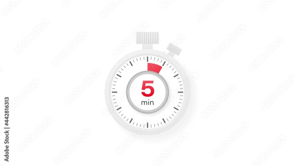 The 5 minutes timer. Stopwatch icon in flat style. Motion graphics.