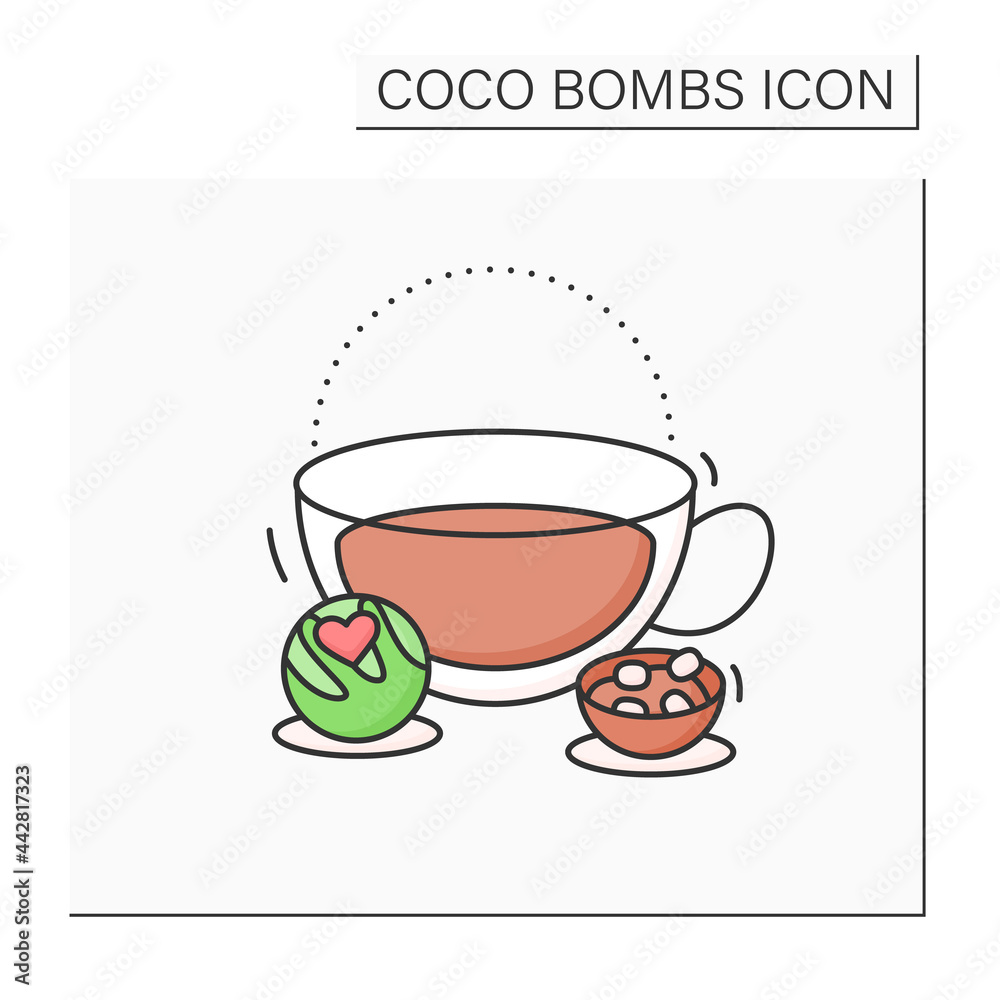 Coco bomb color icon. Delicious dessert. Cute ball of chocolate with marshmallows filling inside. Bomb inside cup. Chocolate sweet.Isolated vector illustration Coco bomb color icon. Delicious dessert. Cute ball of chocolate with marshmallows filling inside. Bomb inside cup. Chocolate sweet.Isolated vector illustration