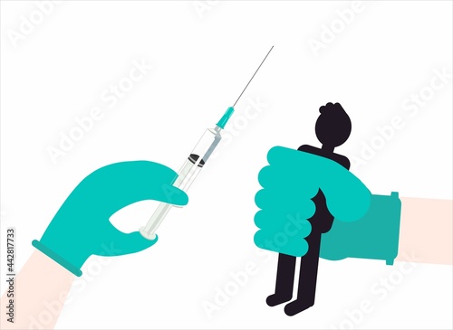 Compulsory vaccination, vector illustration. A picture for those who are afraid of universal vaccinations. Syringe in hand, man in fist. Pandemic theme. Anti covid. An illustration of mistrust.