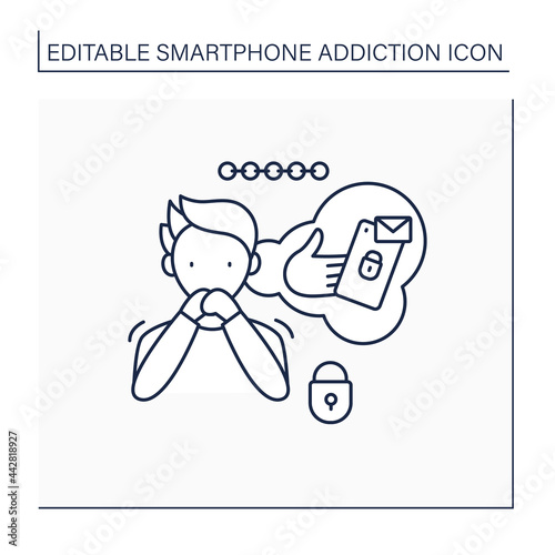 Nomophobia line icon.No mobile phobia. Fear of being detached from mobile phone. Anxiety through cellular service absence. Smartphone addiction concept. Isolated vector illustration. Editable stroke