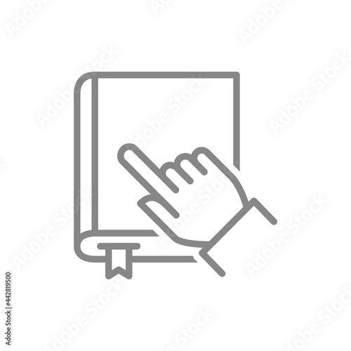 Human chooses a book line icon. Encyclopedia, e-book, online library symbol