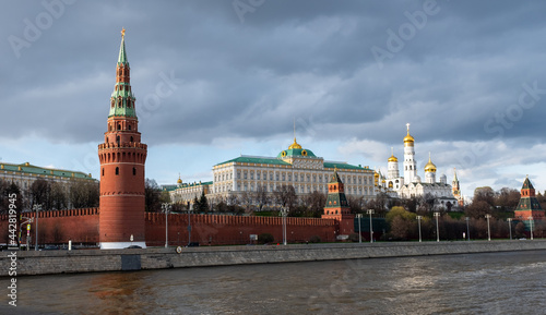 The Grand Kremlin Palace, Ivan the Great Bell Tower and the Moscow Kremlin towers on a sunny spring evening.