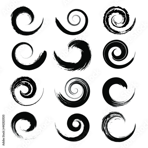 Set of black spiral grunge brush strokes. Vector illustration. Trendy design elements for surfing icon, emblem, badges, logo, banner, tattoo and abstract background