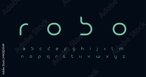 Future font alphabet. Minimal lowercase letters. Smart space typographic design for technology IT conpany logo, digital robot display graphic, innovation science text. Isolated vector typeset