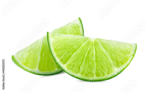 Isolated limes. Whole lime fruit and slices isolated on white background with clipping path