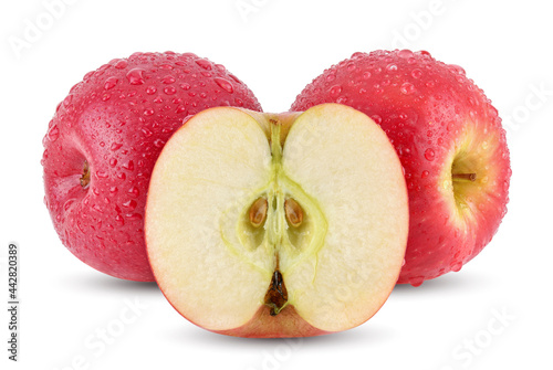 pink lady apples with water drops isolated on white background. full depth of field photo
