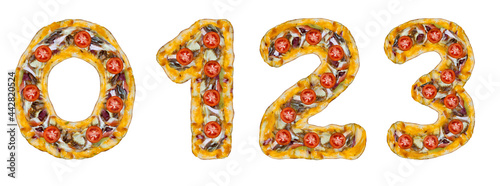 The numbers 0, 1, 2, 3 are made of pizza