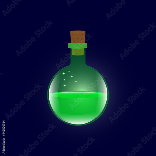 Bottle with liquid green potion magic elixir game GUI icon. Vector illustration 